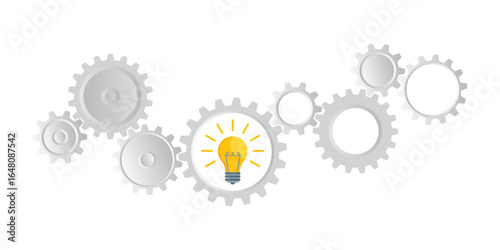 Illustration with linked gears, with the center gear containing a glowing lightbulb, suggesting process, engineering, and idea generation.