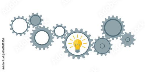 Illustration featuring interconnected gears, with a lightbulb in the center, symbolizing ideas, innovation, teamwork, and problem-solving, all against a clean white backdrop.