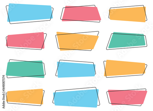 A collection of nine geometric shapes with retro design, suitable for graphic design, layouts, or backgrounds. Each shape has a unique pastel color and outlined border.