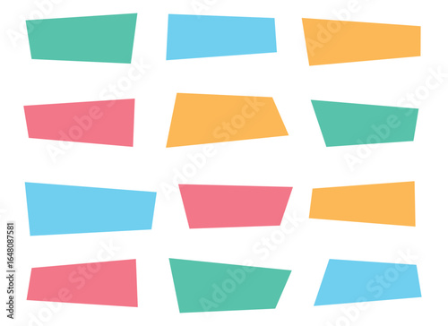 This abstract arrangement features geometric shapes on a white background. The shapes are arranged in a grid and display a spectrum of light and cheerful colors.