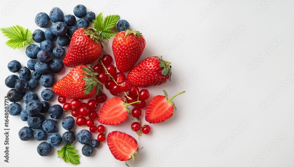 Obraz premium flat lay of diverse summer berries including currant blueberry and strawberry on a white background highlighting vitamin rich foods with copy space