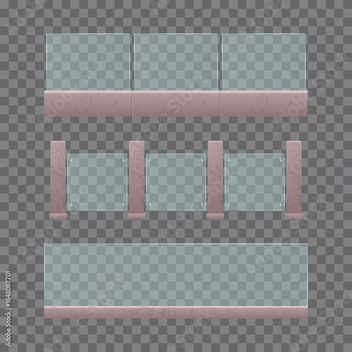A set of three transparent glass railing panels with stone bases, showcasing modern building construction. The transparent background helps emphasize the structure and design.