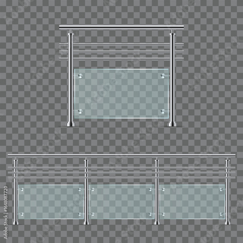 Two sets of modern interior safety barriers are on display, featuring transparent glass panes held by polished chrome posts and railings against a transparent background.