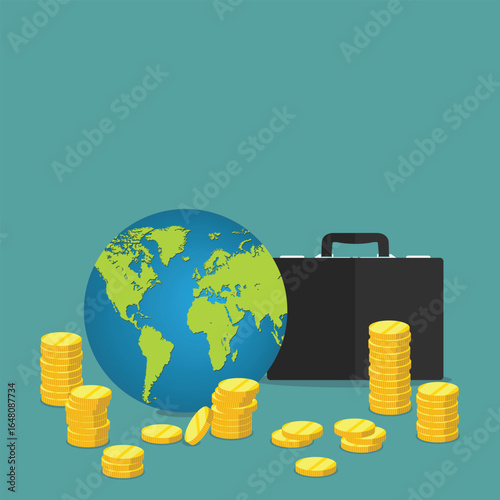 Image featuring a globe of the world, gold coin stacks, and a briefcase symbolizing global finance. The arrangement suggests wealth, trade, and global investments.