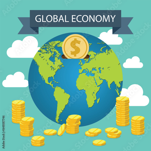 A visual representation of the global economy. Gold coins are depicted around the world highlighting the flow of funds and financial transactions on Earth.