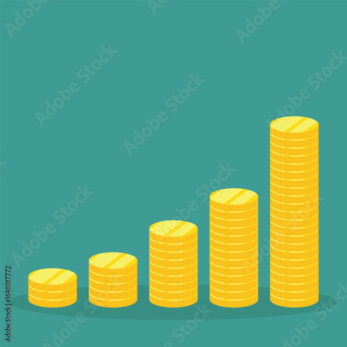 Stacks of gold coins create an increasing bar graph showing growth and success. The background is a solid green color. The lighting is flat and even.