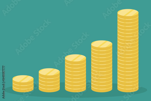 Illustration of growing coin stacks on a teal background, representing financial growth and progress. The stacks increase in size, showing investment success.