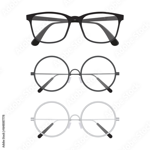 Three pairs of eyeglasses, including one square framed and two round framed glasses, demonstrating various styles for improved vision and fashion. Isolated on a white backdrop.