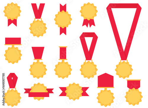 An array of thirteen golden starburst medals, each adorned with vibrant red ribbons, are set against a clean, white background. Each is a symbol of achievement.