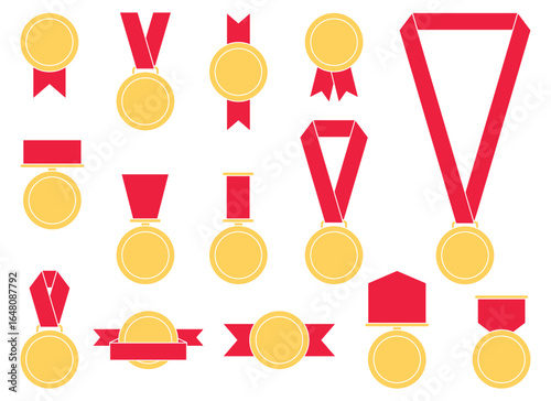 An array of flat, vector-style gold medals each suspended by distinctively styled red ribbons, set against a white backdrop, showcasing a variety of designs. 