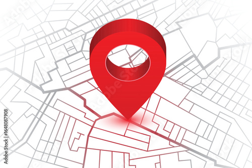 Overhead view of a map marked by a 3D location pin. The pin indicates a destination, highlighting the context of navigation, direction and precise location tracking.