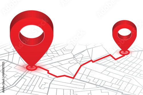 A street map design shows a route between two locations marked by prominent red pin markers, indicating the starting point and destination. The route is visually represented by a red line.