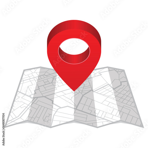 Illustration of a red location pin placed on a gray folded map, indicating a specific place. Represents travel, navigation, location finding, and geographical information.