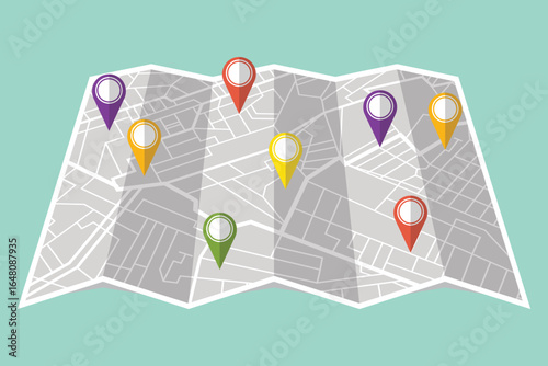 A stylized map is displayed, folded and featuring colorful location pins scattered across its surface. The background is a smooth teal color, offering a contrast.