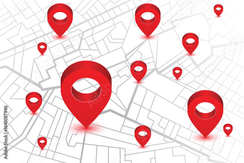 Overhead shot of various sized red pinpoint location markers scattered on a modern minimalistic map. These symbols suggest destination, travel, or a specific location.