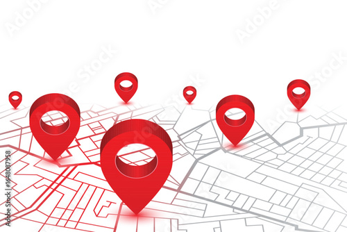 A white map with gray lines features bright red location pointer icons. The icons are scattered across the map, indicating multiple destinations or points of interest.