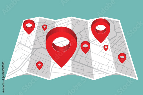 Vector illustration showing a detailed folded map with red pushpin markers indicating various destinations or locations. Gray roads are printed on the white map surface.