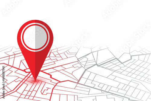 Red pin highlights a specific point on a map, over a street grid, a symbol of finding direction or marking a location. Navigation concept.