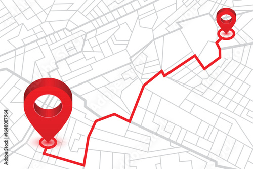 A route is highlighted in red on a map illustration between a beginning and end point.  This illustration shows navigation, way finding or route finding.