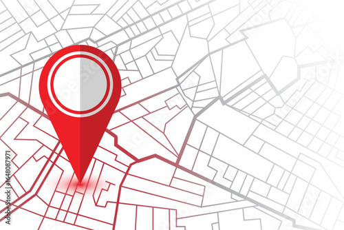 A red location pin marks a spot on a map showing roads and directions. The image signifies navigation and pinpointing specific geographic coordinates or places.