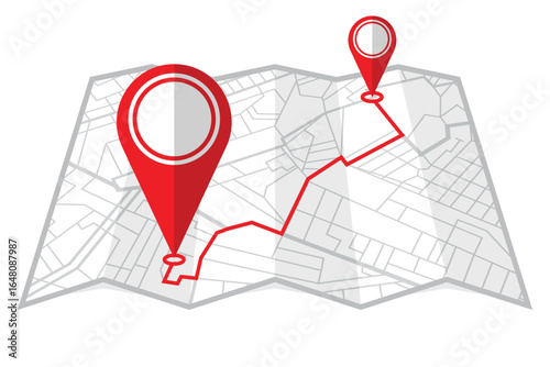 A map with red location pins and a red line indicating a route. It represents travel, directions, and planning a journey to reach a destination efficiently.