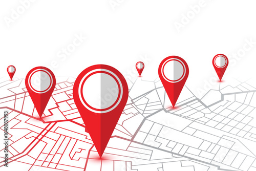 A stylized map is displayed with several red location pins marking specific spots, representing destinations, travel, navigation or geographic information in digital space.