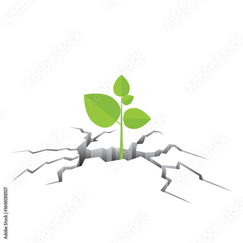 The image depicts a green plant sprouting from a cracked surface, symbolizing growth and resilience in challenging environments. The crack contrasts life, showing new hope.