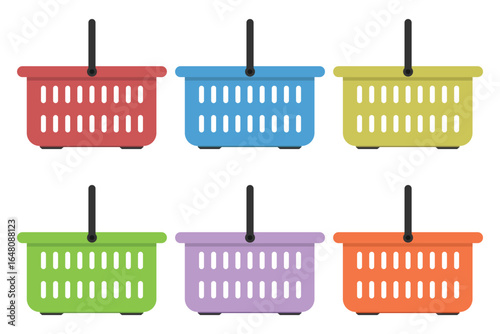 A vector graphic displays six colorful baskets in red, blue, yellow, green, purple, and orange, all against a clean white background, showcasing the versatility of container. 