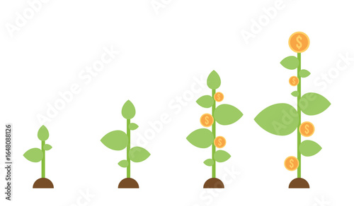 The image shows a sequence of plant growth, with leaves and dollar coins.  The idea represents investments and financial growth or profit. Each plant is in a separate stage.
