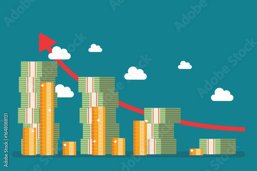Illustrative image of money stacks and coins showing an upward financial trend.  Represents wealth growth, investment success, and economic progress under a cloudy sky.