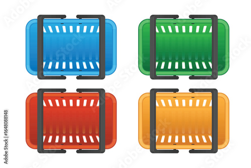 A simple studio shot of four colorful plastic shopping baskets. The baskets are blue, green, red, and orange. They all have a dark gray handle and are on a plain white backdrop.
