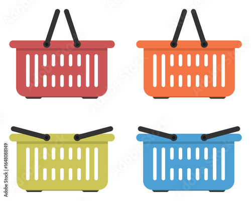 A set of colorful plastic shopping baskets arranged in a square. The baskets are red, orange, yellow, and blue, all featuring slotted designs and black handles.