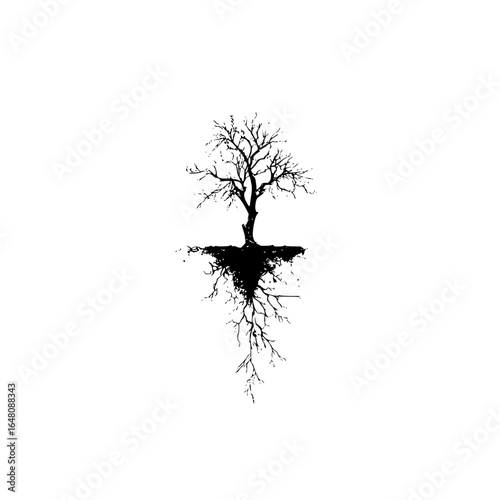 A solitary bare tree with intricate root system displayed in a stark black and white illustration