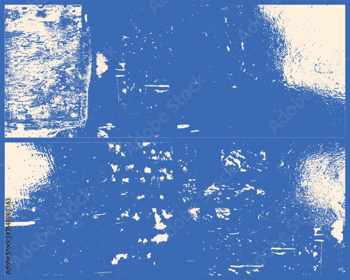 An abstract composition featuring a distressed texture. The color scheme centers around contrasting blue and white tones, providing a worn, aged aesthetic.
