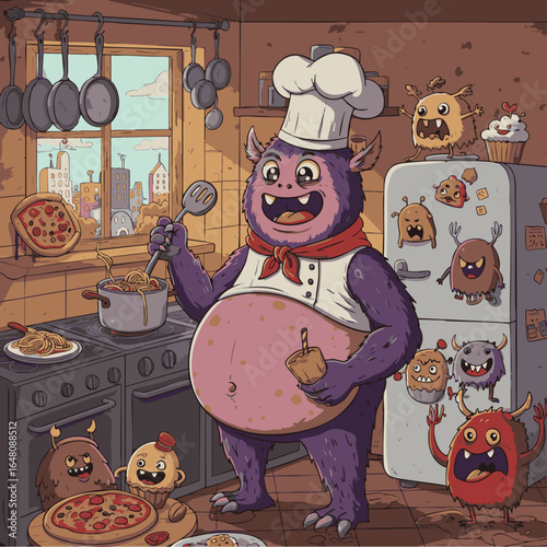 Friendly purple monster chef cooks a feast of pasta and pizza with his adorable monster family in a vibrant, whimsical kitchen.
