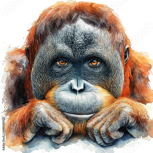 Orangutan, watercolor drawing vector, isolated on a white background.