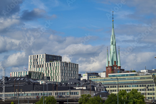 Canvas Print Stockholm Sweden skyline with church spire and modern building