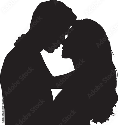 Black silhouette of a man and woman embracing closely couple love