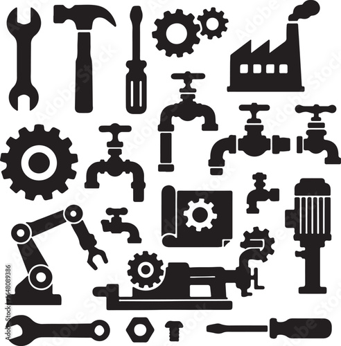 Collection of black industrial and mechanical icons on white background wrench hammer