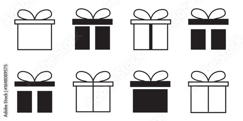 Gift box icons set. Surprising gift box symbol. Present gift box tied signs. Christmas, birthday, valentine, open, sparkle, wedding event, party, celebration, achievement success vector illustration