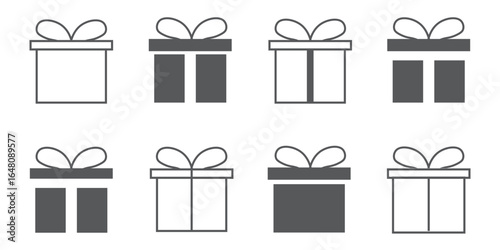 Gift box icons set. Surprising gift box symbol. Present gift box tied signs. Christmas, birthday, valentine, open, sparkle, wedding event, party, celebration, achievement success vector illustration
