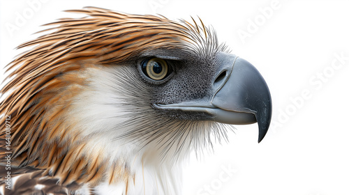 Intense eye-level portrait of Philippine eagle with sharp gaze on white background with copy space