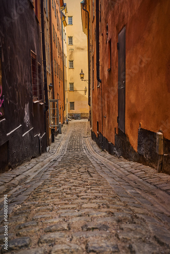Photography narrow cobblestone street in the historic Gamla Stan section of Stockholm, Swede