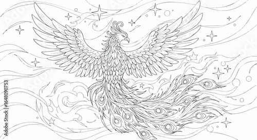 Beautiful Majestic Phoenix with Flowing Tail Feathers and Stars in Elaborate Line Art for Coloring