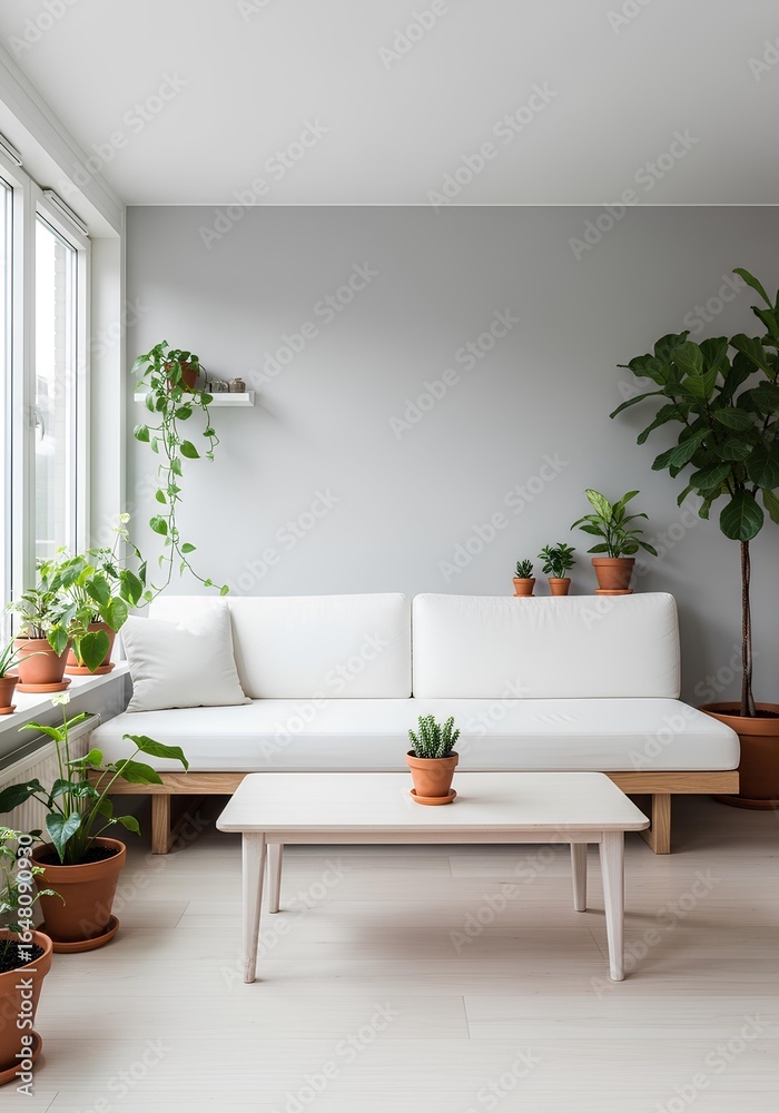 Naklejka premium Minimalist Interior with Plants: Cozy Living Room with Natural Light