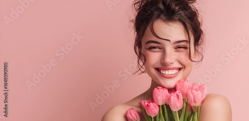 Joyful woman with a radiant smile holding pink tulips, standing against a pink background. Natural beauty and floral theme.