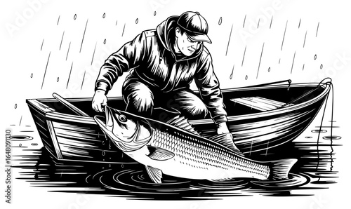 Fisherman Pulling in Fishing Net in Black and White Vintage Style