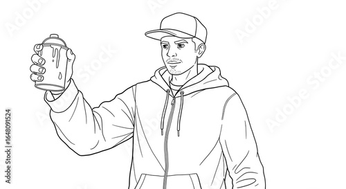 Young urban artist in a hoodie and cap holding an aerosol spray paint can, black and white line art illustration.