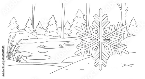 Winter Wonderland Line Art Snowflake and Forest Scene