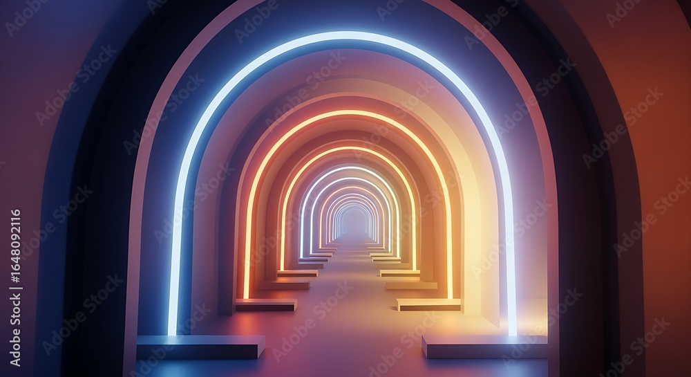 Fototapeta premium A surreal tunnel made of mirrors and glowing arche